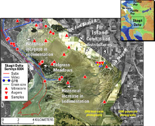 Photographs in true color (taken in 2000) and black and white (1990) showing USGS surveys.