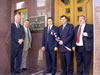 Oleksandr Potylchak, Justice of the Ukrainian Supreme Court and 2004 Open World alum greets the U.S. delegates at the Court entrance (from left:  Mihm, Magnuson, Potylchak, Bierman and Madanick)