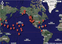 Google map of the world showing locations where the Western Coastal and Marine Geology team members are conducting studies