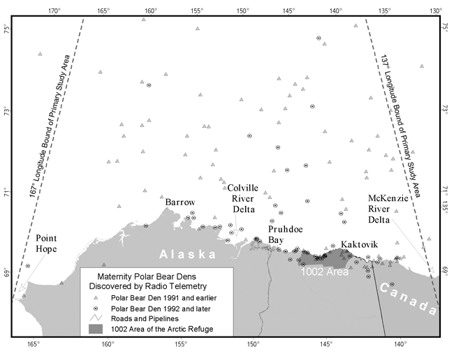 Figure 8.4  maps locations of maternal dens of radio-collared polar bears along the northern coast of Alaska and Canada, 1981-2001.  The map shows a fairly ubiquitous distribution of pack ice dens east of 160 degrees west longitude.  Land dens were most prevalent along coastal areas of northeast Alaska and northwest Canada.