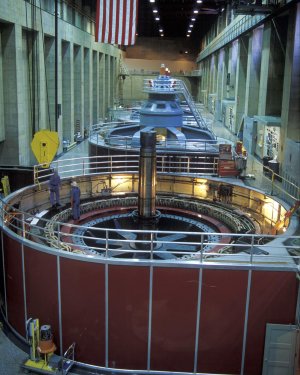 Working on a generator in the Hoover Dam Powerplant