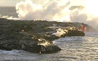 Lava drops into sea at active Kamoamoa bench, Kilauea volcano, Hawai`i