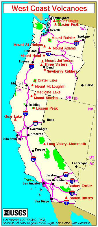 Map, Major West Coast Volcanoes