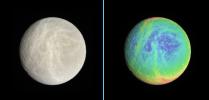 Side-by-side natural color and false-color views highlight the wispy terrain on Rhea's trailing hemisphere