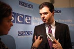Albanian Foreign Minister Lulzim Basha speaks to journalists after his address to the OSCE Permanent Council, at the Hofburg Congress Centre in Vienna, 6 November 2008. (OSCE/Mikhail Evstafiev)