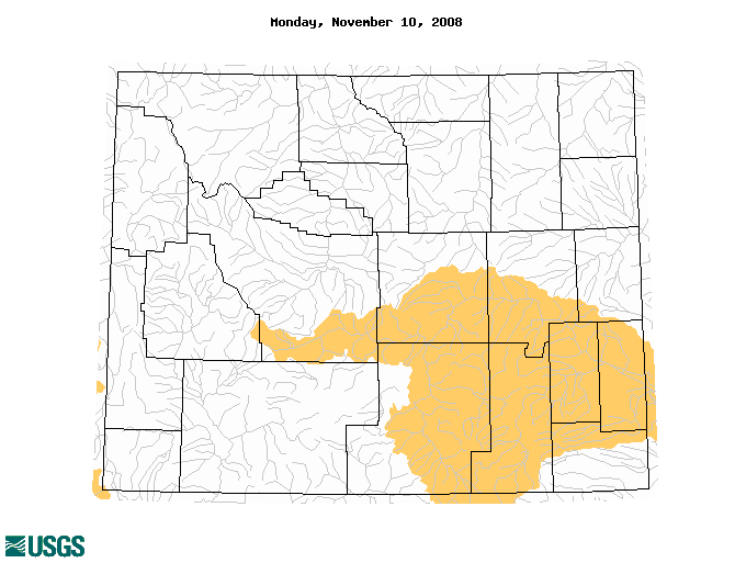 Map of the most recent 7-day average streamflow compared to historical streamflow
 for the most recent week of the year showing only below-normal hydrologic units.