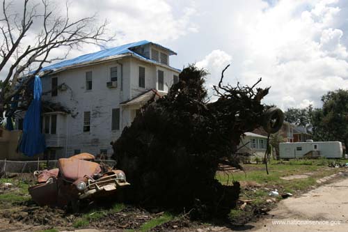 New Orleans, LA - A house damaged by Hurricane Katrina in Lake View (New Orleans, LA).  More than 35,000 national service participants contributed more than 1.6 million hours of volunteer service during the first year of hurricane relief and recovery efforts along the Gulf Coast, according to a report released on August 25, 2006 by the Corporation for National and Community Service.