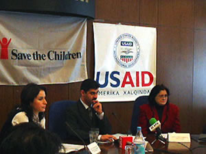 Mr. Mehman Karimov, Save the Children, the facilitator, Ms. Ulviya Huseynova (on the left), Chief Advisor, State Committee for Family, Women and Children's Issues and Leyla Baylarova, a member of Coordination Council on Deinstitutionalization, Ministry of Education (on the right) report about the recent and forthcoming study tours to the Kyrgyz Republic and Turkey on community-based alternatives to institutional care for vulnerable children at the press conference.