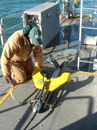 Emile Bergeron prepares the sidescan sonar for the trip out to Nantucket.