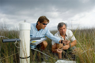 EPA in Action Homepage image. Photo of two scientists testing water in a wetland setting