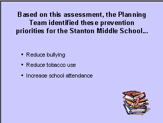 Based on this assessment, the Planning Team identified these prevention priorities for the Stanton Middle School: Reduce bullying, reduce tobacco use, increase school attendance.