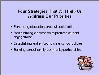 Four Strategies That Will Help Us Address Our Priorities: Enhancing students' personal social skills; restructuring classrooms to promote student engagement; establishing and enforcing clear school policies; building school-family-community partnerships