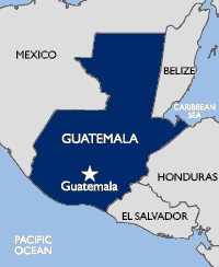 Map of Guatemala and its neighbors: (clockwise) Mexico, Belize, The Caribbean Sea, Honduras, El Salvador, and The Pacific Ocean.