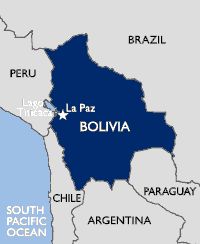 Map showing Bolivia's borders and it's neighbors; (clockwise) Brazil, Paraguay, Argentina, Chile, and Peru.