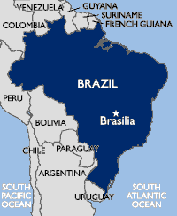 Map showing Brazil's borders and it's neighbors; (clockwise) The Atlantic Ocean, Uruguay, Argentina, Paraguay, Bolivia, Peru, Columbia, Venezuela, Guyana, Suriname, and French Guyana.