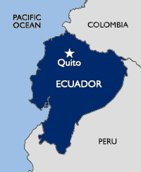 Map showing Ecuador's borders and it's neighbors; (clockwise) Columbia, Peru, and The Pacific Ocean.