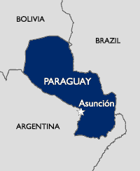 Map of Paraguay and it's neighbors: (clockwise) Bolivia, Brazil and Argentina. The capital, Asunción is located on the border with Argentina in the Southeastern portion of the country.