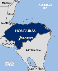 Map highlighting Honduras and its neighbors (clockwise): The Caribbean Sea, Nicaragua, The Pacific Ocean, El Salvador, and Guatemala.