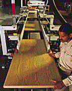 Man moving wood through machinery