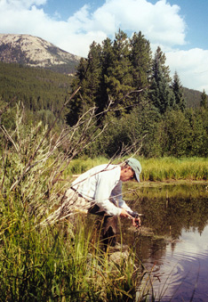 Photo showing Don Campbell making a dissolved oxygen measurement in a pond.