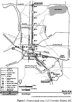 Map outlining the study area along the I-15 corridor in Helena, Montana.