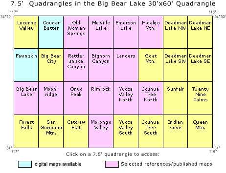 Index map of 24K quadrangles within the Big Bear 100K 30 x 60 Degree Quadrangle