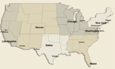 Map of United States highlighting Los Angeles, Denver, Dallas, Chicago, New York, Miami, and Washington D.C., Atlanta, Philadelphia, San Francisco, Boston, Detroit, El Paso, Houston, San Francisco and Tucson.