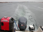 The research vessel Haeni breaks thin ice during a transit to more open water before beginning the surveys..