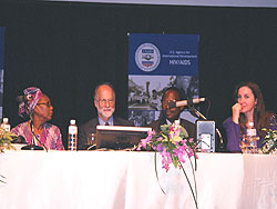 Photo of a panel during USAID’s “ABC” satellite session Left to Right: Serara Mogwe, Doug Kirby, Samuel Okware, E. Anne Peterson. Photo Credit: Erin McCarthy (SSS/The Synergy Project)
