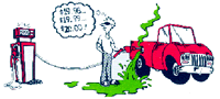 cartoon image of man overfilling his car's gas tank