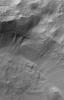 This MOC image shows gullies on the wall of a martian south mid-latitude impact crater. The channels in each gully head beneath an eroding overhang of layered rock