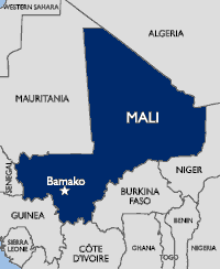 Map showing Mali's borders and it's neighbors; (clockwise) Algeria, Niger, Burkina Faso, Côte D'Ivoire, Guinea, Senegal, and Mauritania.