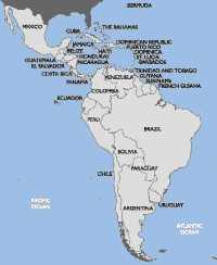 Map of all countries in the Latin American and the Caribbean region – from Mexico and Bermuda in the North to Chile in the South.