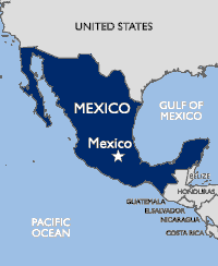 Map of Mexico and its neighbors: (clockwise) The United States, The Gulf of Mexico, Belize, Guatemala, and The Pacific Ocean.