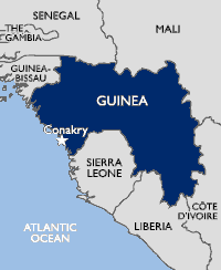 Map showing Guinea's borders and it's neighbors; (clockwise) Senegal, Mali, Côte D'Ivoire, Liberia, The Atlantic Ocean, and Guinea-Bissau.