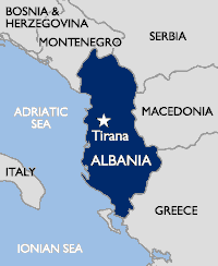 Map showing Albania's borders and it's neighbors; (clockwise) Serbia, Macedonia, Greece, the Ionian and Adriatic Seas, and Montenegro.