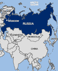 Map of Russia and some of its neighbors: (clockwise) Arctic Ocean, Japan, China, Mongolia, Kazakhstan, Ukraine, Belarus, Latvia, Estonia, and Finland.