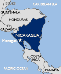 Map showing Nicaragua's borders and it's neighbors; (clockwise) Honduras, the Caribbean Sea, Costa Rica, and the Pacific Ocean.