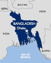 Map showing Bangladesh and it's neighbors. Bangladesh is surrounded by India to the West, North and East and the Bay of Bengal to the South where the mouths of the Ganges River are formed. To the Southeast, Bangladesh shares a small border with Burma. The capital, Dhaka, is near the center of the country where the Meghna river converges with the Ganges and the great mouth of the Ganges begins to form.