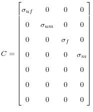 \displaystyle C=% \begin{bmatrix} \sigma_{uf} & 0 & 0 & 0\ 0 & \sigma_{um}... ...\sigma_{m}\ 0 & 0 & 0 & 0\ 0 & 0 & 0 & 0\ 0 & 0 & 0 & 0 \end{bmatrix}