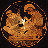 Achilles dresses the wound of Patroclus. Vase painting.
