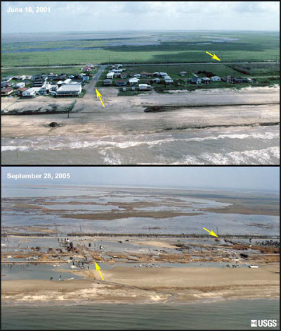 pair of photographs assembled by the Coastal Hazards team shows the effects of Hurricane Rita at Holly Beach, Louisiana