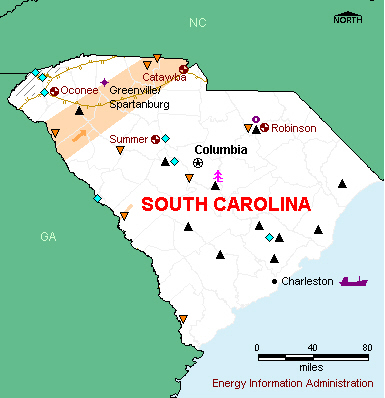 South Carolina Energy Map - If you are unable to view this image contact the National Energy Information Center at 202-586-8800 for assistance
