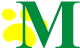 a capital green letter M with a yellow cats paw print