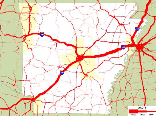 Map of Arkansas and surrounding area showing projected average annual daily truck traffic in 2020, with the heaviest traffic in urban areas and along Interstate corridors, as in 1998, especially I-30, I-40, and I-55. This projection does not consider the addition of new capacity or improvements to the existing infrastructure.