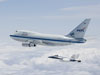 NASA's new SOFIA airborne observatory is shadowed by a NASA F/A-18 safety chase aircraft during its second checkout flight near Waco, Texas on May 10, 2007.