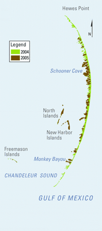 Shoreline-change map of the Chandeleur Islands after the 2005 hurricane season.