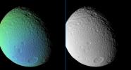 An extreme false-color view of Tethys reveals a surface detail not visible in a monochrome view taken at the same time
