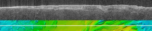 The upper image is a radargram showing data from the subsurface of Mars in the ice-rich layered deposits that surround the south pole. The lower image shows the position of the ground track (white line) on a topographic map