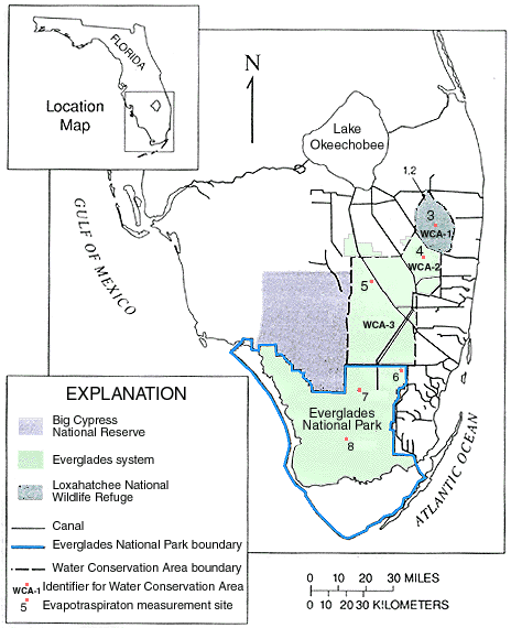 map showing the Everglades and locations of evapotranspiration stations